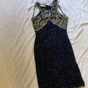Vintage Beaded and Sequined Navy Dress with Gold/Pearl/Silver Beading
